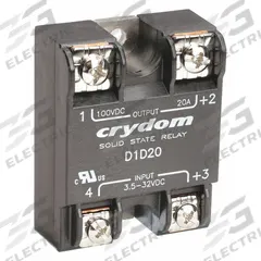 CRYDOM Solid State Relay: Surface Mounted, 20 A Max Output Current, MOSFET, DC Output (MPN D1D20). Key specifications — Brand: CRYDOM; Current Type: DC; Electrical Connection: Screw Clamp; Finger Safe: No; Input Current: 15 mA; Maximum Output Current without Heat Sink: 12 A; Mounting Style: Panel; Output Voltage: 1 to 72V DC.