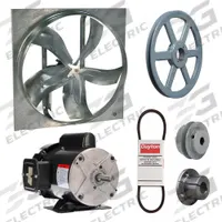 Exhaust Fan with Drive Package: Belt Drive, 24 in Blade, 1/2 hp, 6,950 cfm, 115/208-230V AC, 1 ph (MPN 7M7W3). Key specifications — Frame Finish: Zinc Plated; Assembled: Unassembled; Brand: DAYTON; Nameplate Voltage: 115/208-230V AC; Frame Material: Steel; Guard Type: None; Motor Insulation: Class B; Motor Enclosure: Totally Enclosed Fan Cooled.