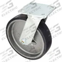 RWM Plate Caster: Swivel, Polyurethane, 8 in Wheel Dia, 2 in Wheel Wd, 9 1/2 in Mounting Ht, Roller (MPN 47-UIR-0820-S). Key specifications — Wheel/Tread Color: Black; Brand: RWM; Roll Up: Swivel.