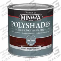 MINWAX Wood Stain: Wood Stain and Sealer, Interior, Oil, 0.5 pt Container Size, Wood, Gloss, 1 Step (MPN 214804444). Key specifications — Brand: MINWAX; Transparency: Semi-Transparent; Use Location: Interior; Sheen: Gloss; Sub-Brand: PolyShades; Color: Bombay Mahogany.