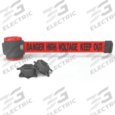 BANNER STAKES Magnetic Retractable Belt Barrier: Magnet, 30 ft Belt Lg, Danger Messaging - Magnetic-Mount Retractable Belt Barriers