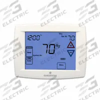 EMERSON Low Voltage Thermostat: Heat and Cool, Auto, 5-1-1/7 Day, Horizontal, Rectangle, Horizontal (MPN 01F95 1277). Key specifications — Application: Heat and Cool; Stages: 2H/2C Conventional, 4H/2C Heat Pump; Programming Capability: 5-1-1; Shape: Rectangle; Terminal Designations: -; Temperature Control Range: 45° to 99°F; Changeover Type: Automatic; Brand: EMERSON.
