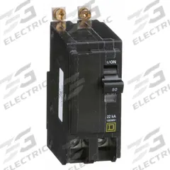 SQUARE D Miniature Circuit Breaker: 50 A, 120/240V AC, Single Phase, 22kA at 120/240V AC, 2 Poles (MPN QOB250VH). Key specifications — Phase: Single; Amps: 50 A; AC Voltage Rating: 120/240V AC; Max. AIR Rating: 22kA at 120/240V AC; For Use With: Square D NQOD Panelboards; Brand: SQUARE D.