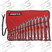 PROTO Combination Wrench Set: Alloy Steel, Satin, 15 Tools, 5/16 in to 1 1/4 in Range of Head Sizes (MPN J1200FASD-TT). Key specifications — attr309520: Satin; attr309519: Alloy Steel; attr324929: PROTO; attr309512: Canvas Pouch; attr309522: No; attr309533: Yes.