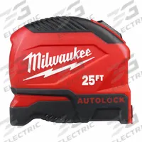 MILWAUKEE Auto-Lock Tape Measure: Nonmagnetic Single Hook Tip, 25 ft, Plastic, Black/Red (MPN 48-22-1825). Key specifications — attr935324: MILWAUKEE; attr942259: Black; attr935328: 1/16 in; attr935329: Inches; attr935337: SAE; attr936607: Auto Lock; attr972446: Inch; attr979969: Nonmagnetic Single Hook.