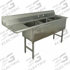ADVANCE TABCO Scullery Sink: 3 Bowls, 43 in Overall Ht, 74 1/2 in Overall Lg, 24 in Overall Wd (MPN FC-3-1818-18LX). Key specifications — Brand: ADVANCE TABCO.