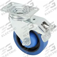 APPROVED VENDOR Plate Caster: Debris-Resistant, Swivel, Rubber, 4 in Wheel Dia, 1 1/4 in Wheel Wd (MPN L-POEV 102KA-12-FI-SB). Key specifications — Wheel/Tread Color: Blue; Brand: APPROVED VENDOR; Roll Up: Swivel with Total Lock.