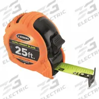 KESON Tape Measure: Nonmagnetic Double Hook Tip, 25 ft, Plastic with Rubberized Grip, Black (MPN PG1825UB). Key specifications — attr935324: KESON; attr942259: Black; attr935326: High-Visibility Blade; attr935328: 1/32 in (1st 12 in); attr935329: Inches; attr935337: SAE; attr936607: Manual Lock; attr972446: Inch.