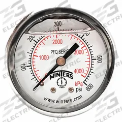 WINTERS Panel-Mount Pressure Gauge: Front Flange, 0 psi to 600 psi, 2 in Dial, 1/4 in NPT Male, PFQ (MPN PFQ2494-DRY-2FF). Key specifications — Accuracy: ±2.5%; Brand: WINTERS; Vibration Resistance Properties: Field-Fillable; Gauge Wetted Parts: Brass / Bronze.