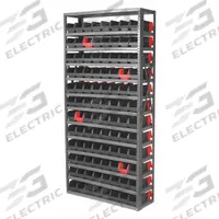 AKRO-MILS Bin Shelving: 36 in x 12 in x 79 in, 1 Sided, 96 Bins, Open, Indicator Bin, Black/Red (MPN AS127936442BK). Key specifications — Includes Bins: Yes; Bin Material: Polymer; Frame Color: Gray; Bin HxWxD: (96) 4 in x 4-1/4 in x 11-5/8 in; 4 in x 6-3/4 in x 11-5/8 in; Frame Material: Steel; Bin Color: Black; Red.