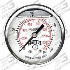 WINTERS Panel-Mount Pressure Gauge: Front Flange, 0 psi to 200 psi, 2 in Dial, 1/4 in NPT Male, PFQ (MPN PFQ2491-DRY-2FF). Key specifications — Accuracy: ±2.5%; Brand: WINTERS; Vibration Resistance Properties: Field-Fillable; Gauge Wetted Parts: Brass / Bronze.