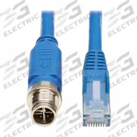 EATON TRIPP LITE Ethernet Cable: 16.4 ft Lg, X Coding, M12 Male Straight x RJ45 Male Straight, PoE++ (MPN NM12-602-05M-BL). Key specifications — Brand: EATON TRIPP LITE; Cable Jacket Color: Blue; End 1 Coding: X; IP Rating: IP68; Performance Category: Cat6; Power over Ethernet (PoE): PoE++.