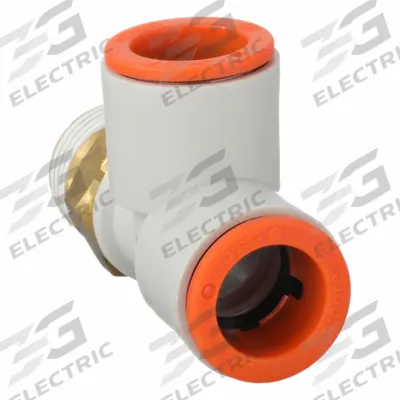 SMC Push-Fit Tee Fitting: 3/8 in Pipe x 1/2 in OD x 1/2 in OD x 3/8 in Pipe Size - Polybutylene & Brass Tube Fittings