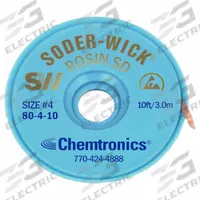 CHEMTRONICS Desoldering Wick: Rosin Flux, # 4, 0.11 in, 10 ft, Blue, ESD-Safe, ROL0 (MPN 80-4-10). Key specifications — Color: Blue; Brand: CHEMTRONICS; Manufacturer Part Number: 80-4-10.