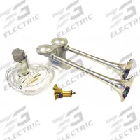 FIAMM Air Horn: 12V DC, Full Tone, Air, Silver, Powder-Coated, 114 dB Sound Level - Max, 2 Horns (MPN 62330). Key specifications — Type: Full Tone; Brand: FIAMM; Compatible Vehicle Type: Buses; Finish: Powder-Coated; Includes: Vinyl Tubing; Color: Silver.