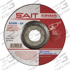 SAIT Depressed Center Grinding Wheel: Type 27, 6" x 1/4" x 7/8", Aluminum Oxide, 24 Grit, A24N (MPN 20078). Key specifications — Series: A24N; Brand: UNITED ABRASIVES-SAIT.