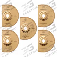 FEIN Oscillating Scraper Blade: 3 9/16 in Blade Wd, 3 9/16 in Blade Lg, Carbide Grit, 5 Pieces, 5 PK (MPN 63502170230). Key specifications — attr1097676: FEIN; attr1097658: Carbide Grit; attr1097655: Semi-Circular.