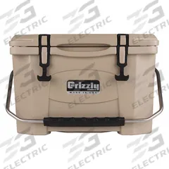 GRIZZLY COOLERS Marine Chest Cooler: Tan, 24 Cans, 20 qt Cooler Capacity, 4 day Ice Retention (MPN 4400007). Key specifications — Brand: GRIZZLY COOLERS; Drain Plug: Not Included; Wheels Included (FILTER): No.