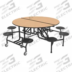 PALMER HAMILTON Cafeteria Stool Table: Fusion Maple, Stool Seat, 29 in Overall Ht, 79 in Overall Lg (MPN 59T122960RD-S8FB). Key specifications — Tabletop Structural Material: Industrial Grade High Pressure Laminate with Particleboard Core; Tabletop Surface Material: Laminate.