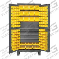 DURHAM MFG Bin Cabinet: 36 in x 24 in 78 in, 1 Shelves, 120 Bins, Yellow, 4 Drawers, Flush, Gray (MPN HDCD243678-120-4M95). Key specifications — attr64273: Yellow; attr64268: (60) 4 in x 5 in x 3 in; attr64260: Assembled; attr63933: DURHAM MFG; attr64274: Gray; attr64276: Powder Coated; attr146303: Steel; attr143811: Drawers.
