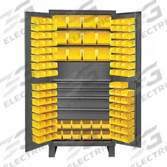 DURHAM MFG Bin Cabinet: 36 in x 24 in 78 in, 1 Shelves, 120 Bins, Yellow, 4 Drawers, Flush, Gray (MPN HDCD243678-120-4M95). Key specifications — attr64273: Yellow; attr64268: (60) 4 in x 5 in x 3 in; attr64260: Assembled; attr63933: DURHAM MFG; attr64274: Gray; attr64276: Powder Coated; attr146303: Steel; attr143811: Drawers.