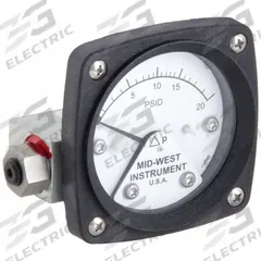 MIDWEST INSTRUMENT Differential Pressure Gauge: Back, 1/4 in NPT Female, ±3-2-3% Gauge Accuracy, 120 (MPN 120-AA-00-OO-20P). Key specifications — Sensor Type: Piston; Series: 120; Housing Material: Aluminum; Certificate of Calibration: Not Included; Gauge Accuracy: ±3-2-3%.