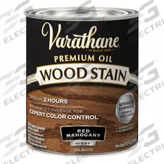 VARATHANE Wood Stain: Wood Stain, Interior, Oil, 1 qt Container Size, Wood, Satin, Red Mahogany (MPN 211724H). Key specifications — Brand: VARATHANE; Transparency: Semi-Transparent; Use Location: Interior; Sheen: Satin; Sub-Brand: Varathane; Color: Red Mahogany.