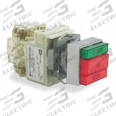 SQUARE D Multihead Operator: 2 Buttons, 30 mm, 2NO/2NC, Metallic, Transformer, Incandescent (MPN 9001KXRG117). Key specifications — Action: Momentary/Momentary/Momentary; Legend: Start/On/Stop; Operator Illumination: Illuminated; Product Type: Multihead Operators; Series: 9001K; Manufacturer Part Number: 9001KXRG117; Brand: SQUARE D; Button Material Type: Metallic.