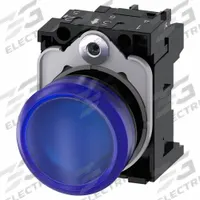SIEMENS Pilot Light: 22 mm Panel Mounting Size, Blue, LED, 24 V AC/DC Max Volt Rating (Supply) (MPN 3SU1102-6AA50-1AA0). Key specifications — Series: 3SU; Brand: SIEMENS; Includes Push-To-Test: No Push-To-Test Included.