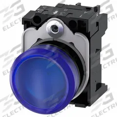 SIEMENS Pilot Light: 22 mm Panel Mounting Size, Blue, LED, 24 V AC/DC Max Volt Rating (Supply) (MPN 3SU1102-6AA50-1AA0). Key specifications — Series: 3SU; Brand: SIEMENS; Includes Push-To-Test: No Push-To-Test Included.