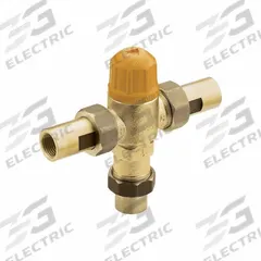 MOEN Thermostatic Mixing Valve: 1/2 in Inlet Connection Size, 1/2 in Outlet Connection Size, Brass (MPN 104465). Key specifications — attr1037830: Temperature Gauge; attr1037827: MOEN.