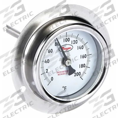 Dwyer Clip On Thermometer: 0°F to 200°F, ±2% Accuracy, 2 1/2 in Dial Dia - General Purpose Panel Mount Dial Thermometers