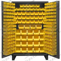 DURHAM MFG Bin Cabinet: 48 in x 24 in 78 in, 0 Shelves, 192 Bins, Yellow, Flush, 12 ga Panel, Gray (MPN HDC48-192-95). Key specifications — Bin Color: Yellow; Bin HxWxD: (24) 6 in x 11 in x 5 in; Assembled: Assembled; Cabinet Style: Shelf and Bin; Brand: DURHAM MFG; Cabinet Color: Gray; Cabinet Finish: Powder Coated; Cabinet Material: Steel.