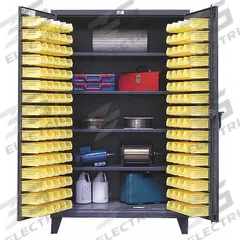 STRONG HOLD Bin Cabinet: 48 in x 24 in 78 in, 4 Shelves, 144 Bins, Yellow, Flush, 12 ga Panel, Gray (MPN 46-BS-244). Key specifications — Bin Color: Yellow; Bin HxWxD: (144) 3 in x 4-1/8 in x 7-3/8 in; Assembled: Assembled; Cabinet Style: Shelf and Bin; Brand: STRONG HOLD; Cabinet Color: Gray; Cabinet Finish: Baked Enamel; Cabinet Material: Steel.