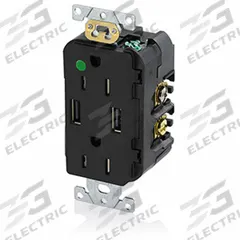 USB Receptacle: Duplex, 5-15R, 2 USB Ports, USB Type A, Black, 125V AC, 15 A (MPN T5632-HGE). Key specifications — Brand: LEVITON.