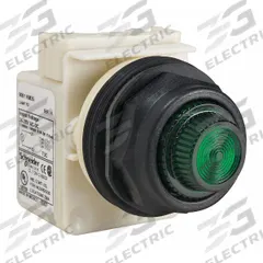 SCHNEIDER ELECTRIC Pilot Light: 30 mm Panel Mounting Size, Green, Incandescent, 9001SK Series (MPN 9001SKP35G31). Key specifications — Series: 9001SK; Brand: SCHNEIDER; Includes Push-To-Test: No Push-To-Test Included.