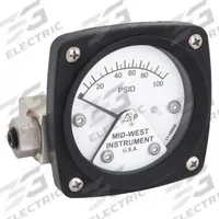 MIDWEST INSTRUMENT Differential Pressure Gauge: Back, 1/4 in NPT Female, ±3-2-3% Gauge Accuracy, 120 (MPN 120-AA-00-OO-100P). Key specifications — Sensor Type: Piston; Series: 120; Housing Material: Aluminum; Certificate of Calibration: Not Included; Gauge Accuracy: ±3-2-3%.