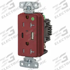 USB Receptacle: Duplex, 5-20R, 2 USB Ports, USB Type A/C, Red, 125V AC, 20 A (MPN USB8300ACPDR). Key specifications — Brand: HUBBELL.