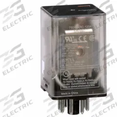 SCHNEIDER General Purpose Relay: Socket Mounted, 10 A Current Rating, 120V AC, DPDT, A Socket (MPN 750XBXRC-120A). Key specifications — Brand: SCHNEIDER; Base Type: Octal; Mounting Style: Plug-In; Pin Shape: Round; Electrical Connection: 8-Pin Terminal; Manufacturer Part Number: 750XBXRC-120A; Operating Current: 10 A at 30V DC (Resistive Load Conforming to UL); Series: 750R Series.