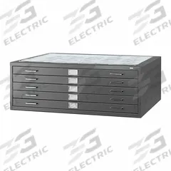 SAFCO PRODUCTS Flat File Cabinet: Black, 5 Drawers, 16 1/2 in Overall Ht, 35 3/8 in Overall Dp (MPN 4996BLR). Key specifications — attr988670: Powder Coated; attr988694: Steel; attr988691: Yes; attr988652: SAFCO PRODUCTS; attr988656: Black; attr988720: Handle.