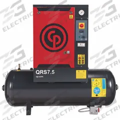 CHICAGO PNEUMATIC Rotary Screw Air Compressor: Horizontal, 7 1/2 hp, 21.2 cfm, 60 gal Tank (MPN QRS 7.5 HP). Key specifications — attr48606: Three; attr48593: 208 to 230V AC; attr48578: CHICAGO PNEUMATIC; attr110305: Not Included.