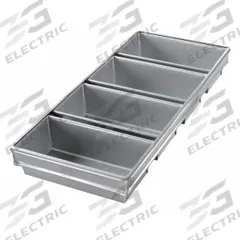 CHICAGO METALLIC Bread Pan: Aluminized Steel, 4 Slots, 9 3/4 in Overall Wd, 2 3/4 in Overall Dp (MPN 45642). Key specifications — Pan Style: Open Top Bread Pan; Brand: CHICAGO METALLIC; Color: Silver; Material: Aluminized Steel; NSF Certified: No; Number of Slots: 4.