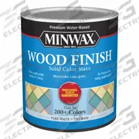 MINWAX Wood Stain: Wood Stain, Interior, Water, 1 qt Container Size, Wood, Satin, Pure White, Solid (MPN 108110000). Key specifications — Brand: MINWAX; Transparency: Solid; Use Location: Interior; Sheen: Satin; Sub-Brand: Wood Finish; Color: Pure White.