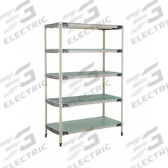METRO Industrial Shelving Starter: 24 in x 48 in, 74 in Overall Ht, 5 Shelves, Antimicrobial (MPN 5X557HX3). Key specifications — Resistance Properties: Antimicrobial; Frame Material: 304 Stainless Steel; Shelving Material: Polymer; Brand: METRO.