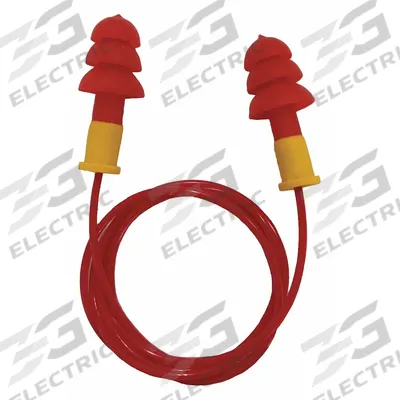CONDOR Ear Plugs: Flanged, 27 dB NRR, Gen Purpose, Corded, Reusable, Push-In, Red/Yellow - Flanged-Shaped Earplugs