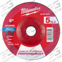 MILWAUKEE Grinding Wheel: Type 27, 5" x 1/4" x 7/8", Zirconia Alumina, 24 Grit, 5 PK (MPN 49-94-0610). Key specifications — Brand: MILWAUKEE.