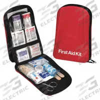 APPROVED VENDOR First Aid Kit and Housing: Gen Purpose, 1 People Served, 85 Components, Fabric (MPN 59392). Key specifications — Adhesive Bandages Included: (25) Bandages; Application: General Purpose; Brand: APPROVED VENDOR; Housing Color: Red; Housing Material: Fabric; Includes Oral or Inhalant Medication: Medication Included; Mountable: Portable; Oral and Inhalant Medicinals Included: (4) Non-Aspirin Pain Relievers.