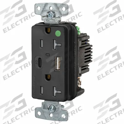 HUBBELL Receptacle: Duplex, 5-20R, 2 USB Ports, USB Type A/C, Black, 125V AC - Hospital-Grade Receptacles with USB Chargers
