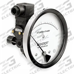 ASHCROFT Differential Pressure Gauge & Switch: Dual In-Line or Back, 1/8 in NPT Female, 1134, IP65 (MPN 451134EDRQMXV5CYLM50IWD). Key specifications — Sensor Type: Diaphragm; Series: 1134; Housing Material: Glass Filled Nylon; Certificate of Calibration: Not Included; Gauge Accuracy: ±3%.