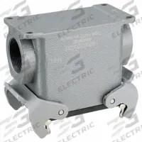 HARTING M32 Rectangular Connector Housing: Size 32 A, Surface Mount, Gray, Aluminum Die-Cast, IP65 (MPN 19200320232). Key specifications — IP Rating: IP65; Size Designation: 32 A; Cable Entry Thread Size: M32; Seal Material: NBR; Locking Type: Dual Lever; Brand: HARTING; Primary Material: Aluminum; Operating Temperature Range: -40 to 125 Degrees C.